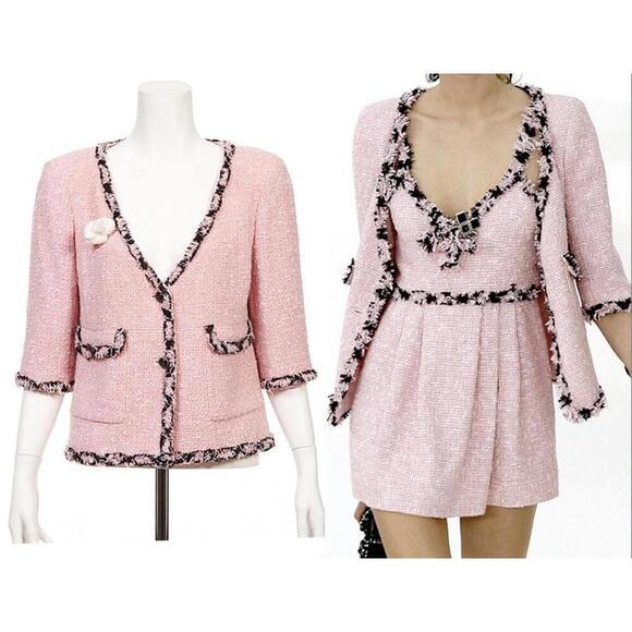 CHANEL Jackets & Blazers - 2007 CHANEL FR-34 Vintage 07P TWEED Pink Black Jacket Trim CC logo Buttons US-2
